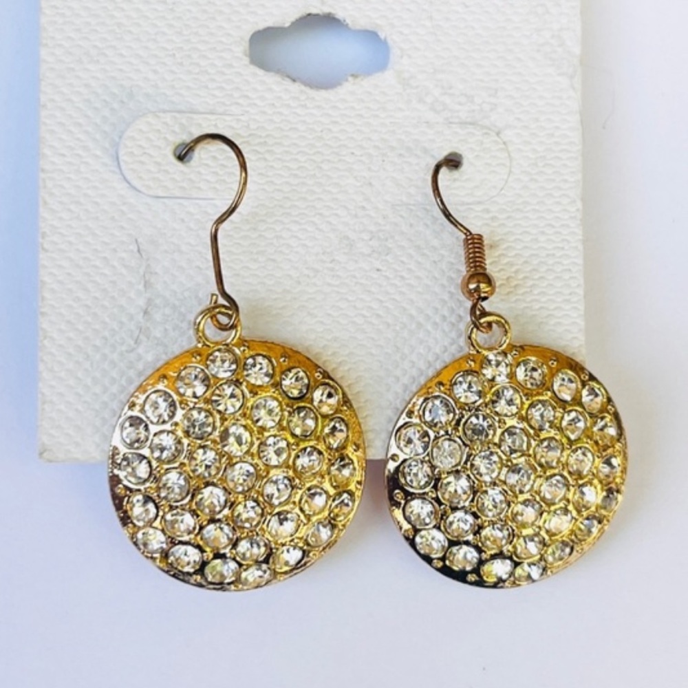 NEW Gold Tone Rhinestone Embedded Circle Dangle Earrings Fashion Jewelry NWT - Picture 1 of 4